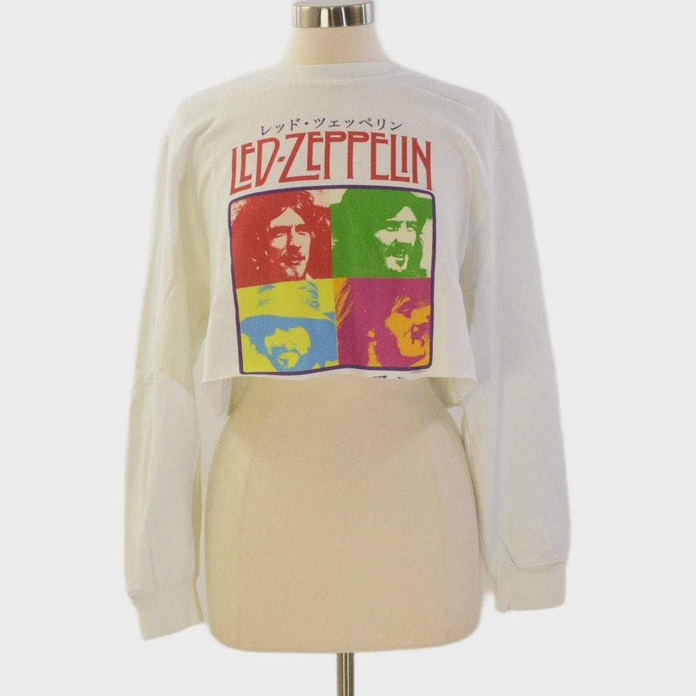 Retro Led Zeppelin Single Sided Graphic Sweatshirt Womens L White Cropped Sweate